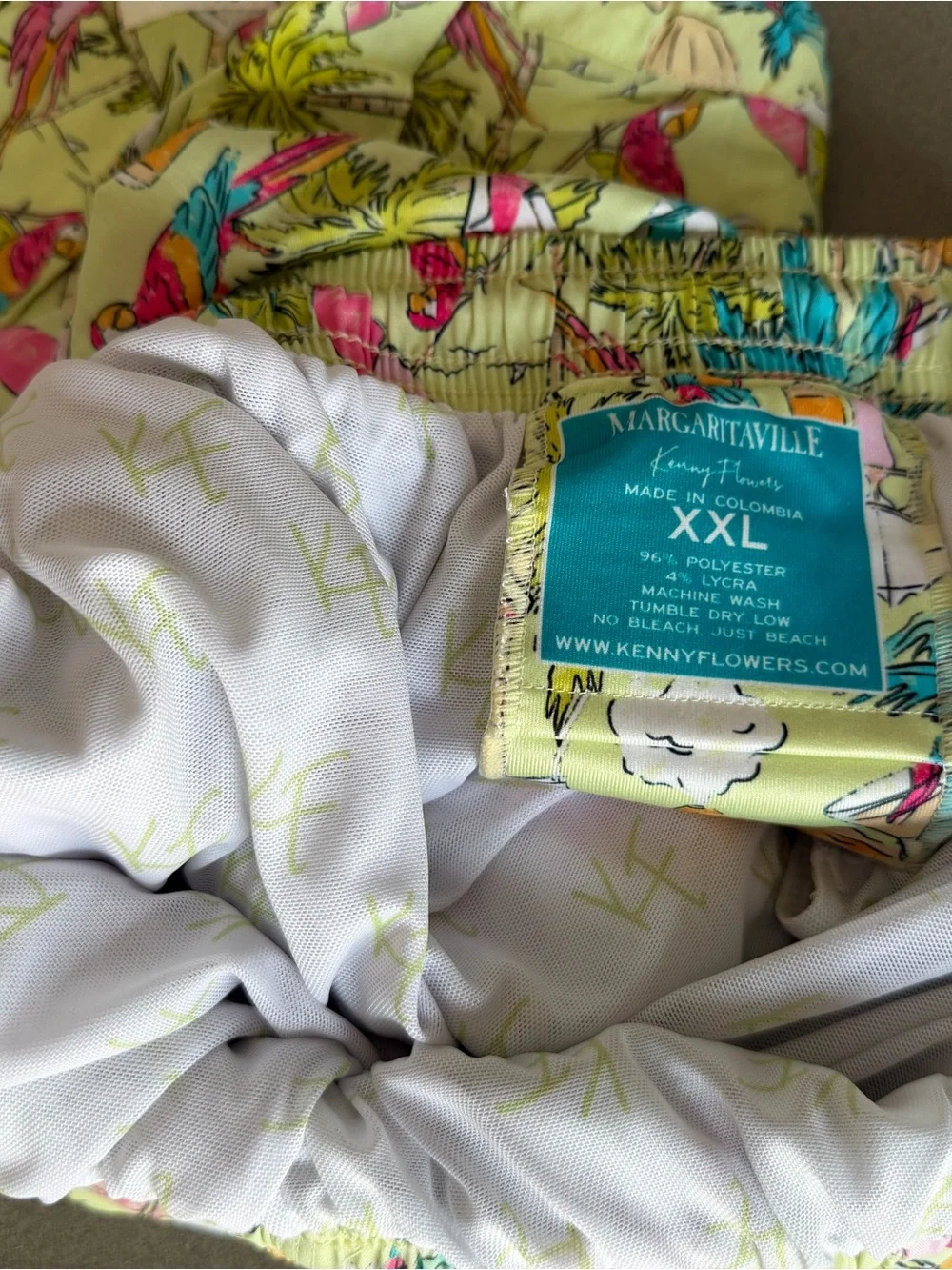 Kenny Flowers Lime Tropical Print Swim Trunks with Pink & Teal Accents